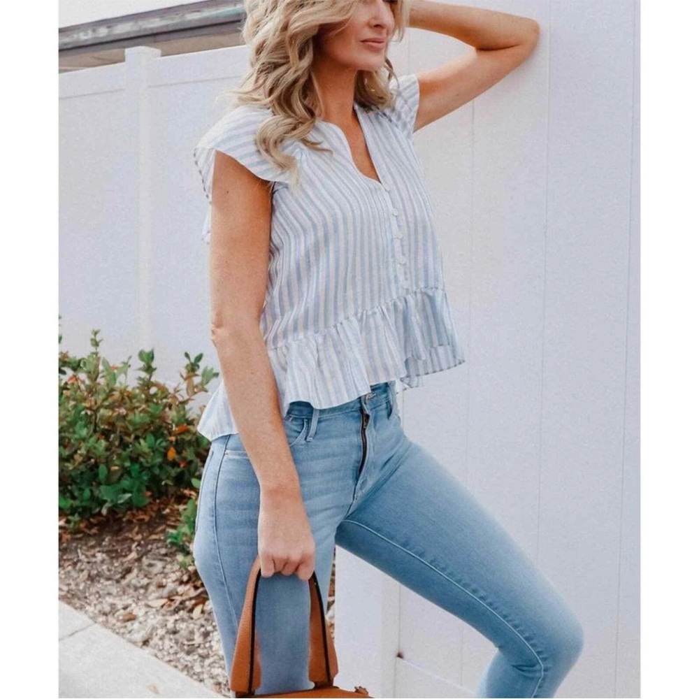 Veronica Beard Maple White Blue Linen Silk Striped Flutter Sleeve Blouse size 0 - Picture 3 of 10